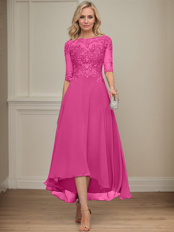 A-line Boat Neck Illusion Asymmetrical Chiffon Lace Mother of the Bride Dress With Sequins Beading