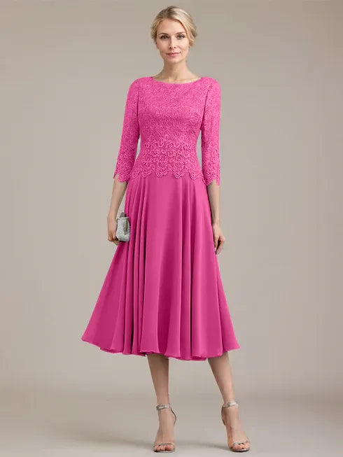 A-line Scoop Tea-Length Lace Chiffon Mother of the Bride Dress