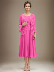 A-line Scoop Tea-Length Lace Chiffon Mother of the Bride Dress With Sequins