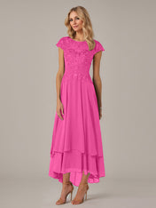 A-line Boat Neck Illusion Asymmetrical Chiffon Lace Mother of the Bride Dress With Applique Pleats