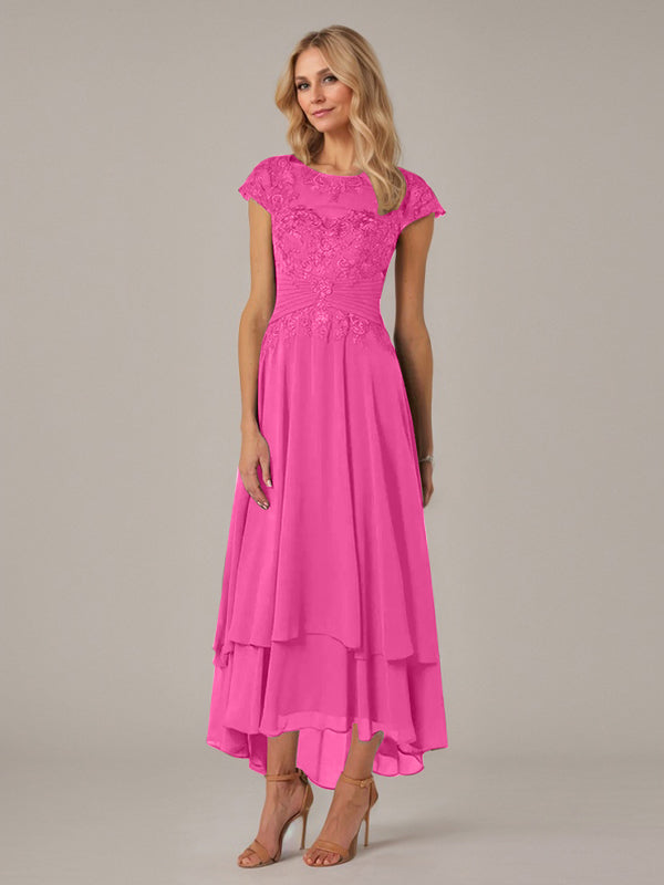 A-line Boat Neck Illusion Asymmetrical Chiffon Lace Mother of the Bride Dress With Applique Pleats