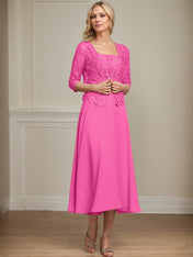 A-line Square Tea-Length Chiffon Lace Mother of the Bride Dress With Sequins Beading