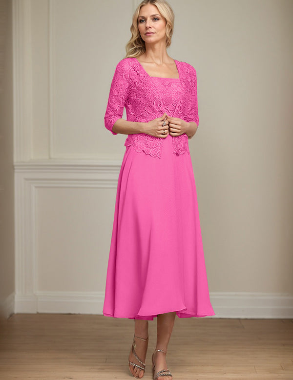 A-line Square Tea-Length Chiffon Lace Mother of the Bride Dress With Sequins Beading
