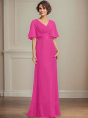 A-line V-Neck Floor-Length Chiffon Mother of the Bride Dress With Pleated Sequins Appliques Lace
