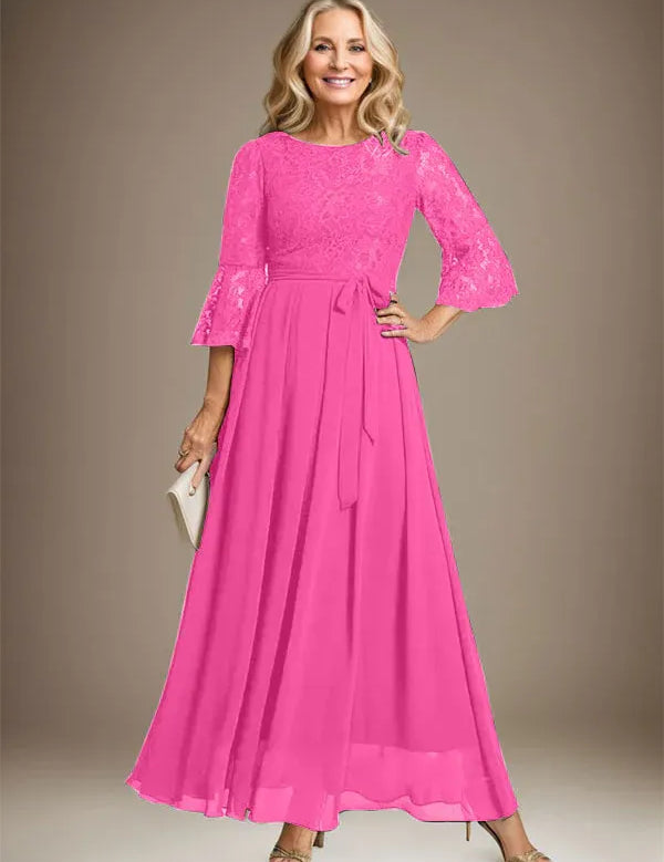 A-line Scoop Ankle-Length Lace Chiffon Mother of the Bride Dress With Bow