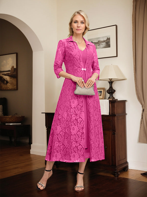 Robe de mère de la mariée en mousseline de soie, coupe trapèze, col en V et longueur thé 