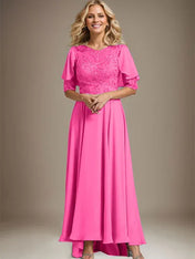 A-line Scoop Illusion Asymmetrical Chiffon Lace Mother of the Bride Dress With Beading