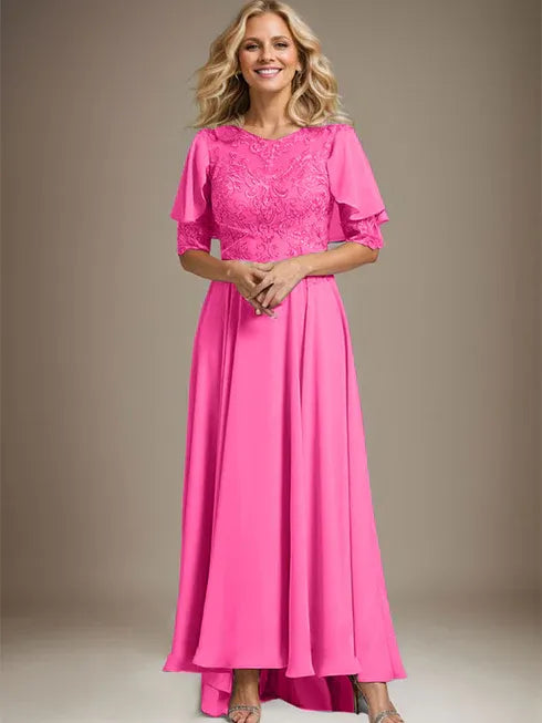 A-line Scoop Illusion Asymmetrical Chiffon Lace Mother of the Bride Dress With Beading