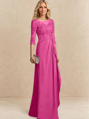 A-line Scoop Illusion Floor-Length Chiffon Lace Mother of the Bride Dress With Beading Sequins Cascading Ruffles