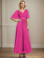 A-line V-Neck Ankle-Length Chiffon Mother of the Bride Dress With Pleated Beading Sequins