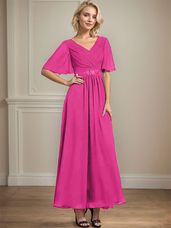 A-line V-Neck Ankle-Length Chiffon Mother of the Bride Dress With Pleated Beading Sequins