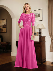 A-line Scoop Illusion Floor-Length Chiffon Lace Mother of the Bride Dress With Pleated Sequins
