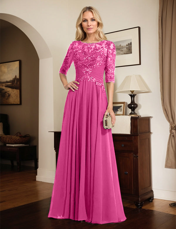Robe de mère de la mariée trapèze en mousseline de soie et dentelle, longueur au sol, avec décolleté en V et sequins plissés 