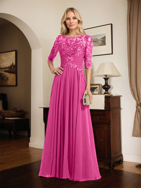 A-line Scoop Illusion Floor-Length Chiffon Lace Mother of the Bride Dress With Pleated Sequins