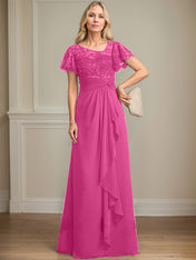A-line Asymmetrical Illusion Floor-Length Lace Chiffon Mother of the Bride Dress With Cascading Ruffles Sequins
