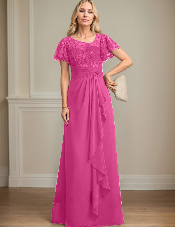 A-line Asymmetrical Illusion Floor-Length Lace Chiffon Mother of the Bride Dress With Cascading Ruffles Sequins