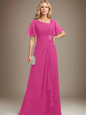 A-line Asymmetrical Floor-Length Chiffon Mother of the Bride Dress With Pleated Beading Sequins