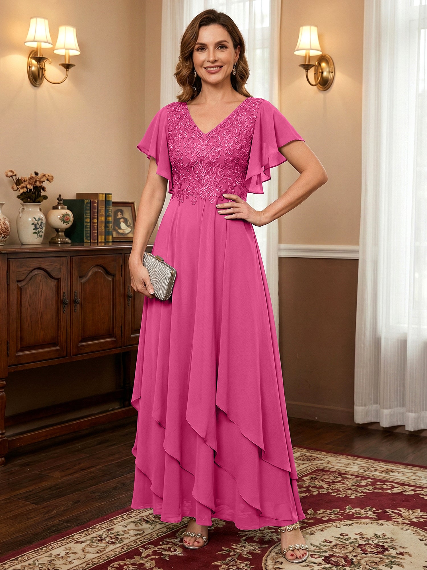 A-line V-Neck Ankle-Length Lace Chiffon Mother of the Bride Dress With Cascading Ruffles
