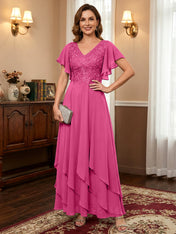 A-line V-Neck Ankle-Length Lace Chiffon Mother of the Bride Dress With Cascading Ruffles