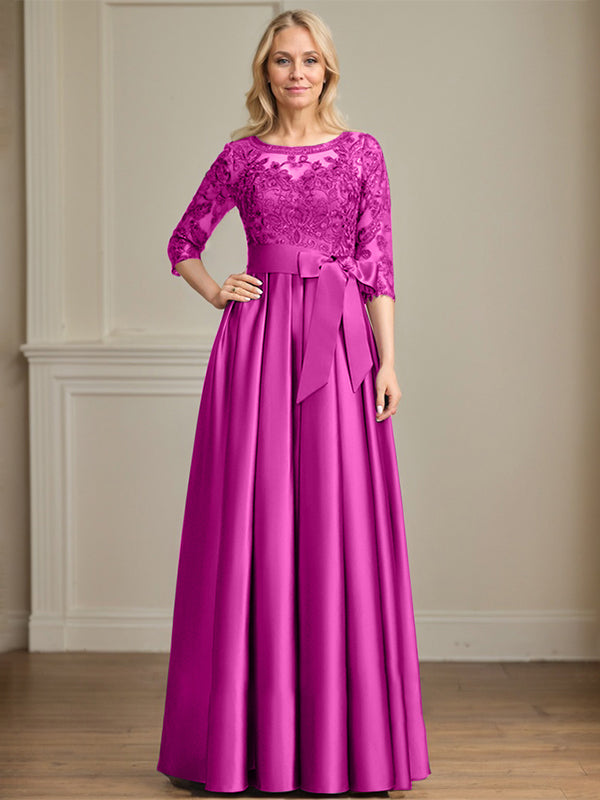 A-line Scoop Illusion Floor-Length Satin Lace Mother of the Bride Dress With Sequins Bow