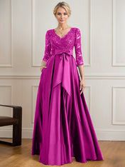 A-line V-Neck Floor-Length Satin Lace Mother of the Bride Dress With Sequins Bow