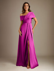 A-Line Asymmetrical Neckline Floor-Length Satin Mother of the Bride Dress With Pleated