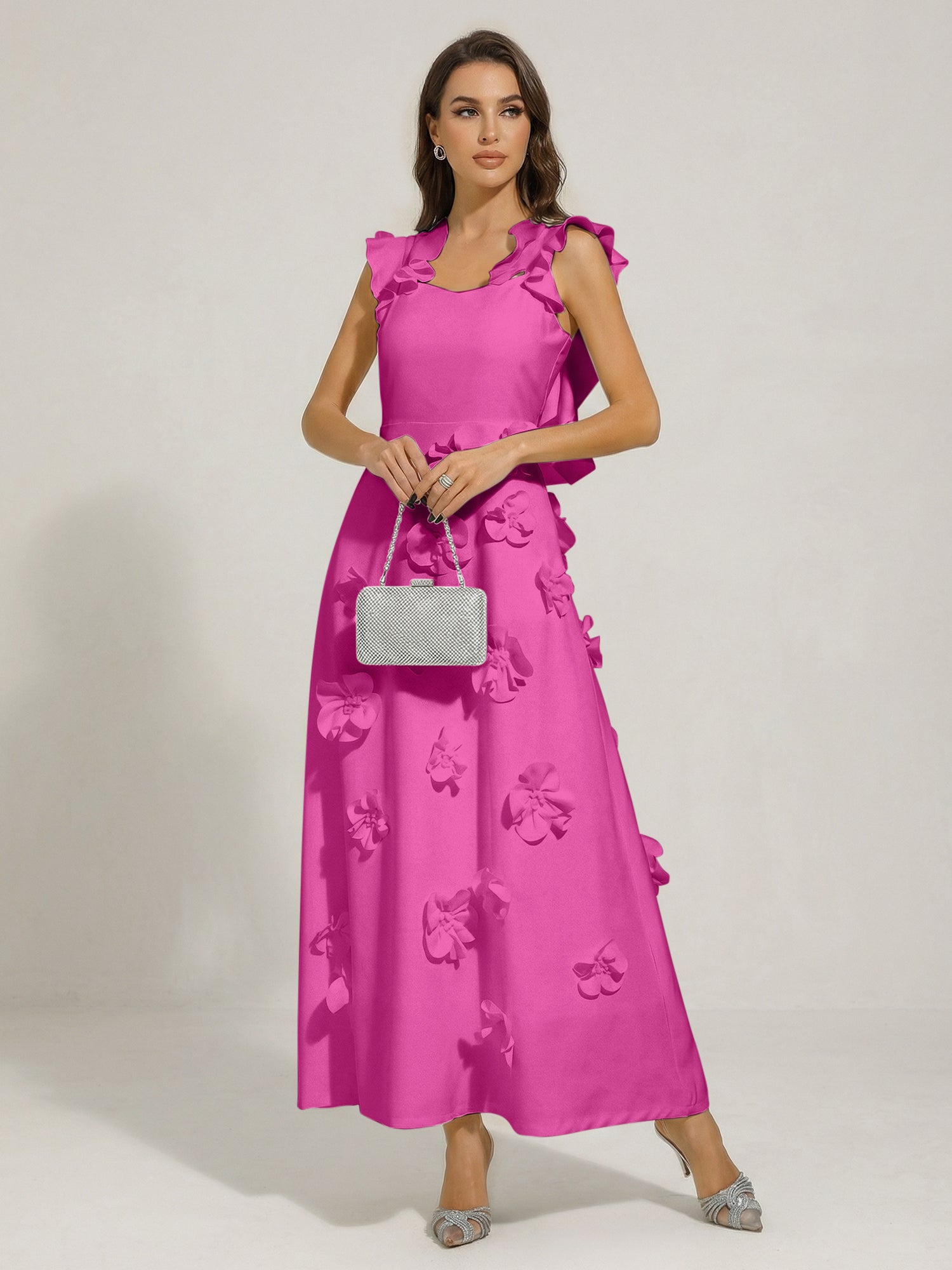 Chic White 3D Flowers A-Line Floor Length Stretch Crepe Dress with Pockets Maxi Dress