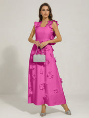 Chic White 3D Flowers A-Line Floor Length Stretch Crepe Dress with Pockets Maxi Dress