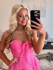 Fuchsia A-Line Sweetheart Chiffon Tiered Long Prom Dress with Slit