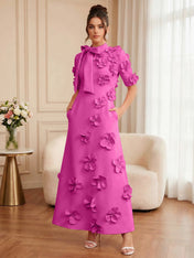 Pink Short Sleeve 3D Floral Maxi Dress Gown