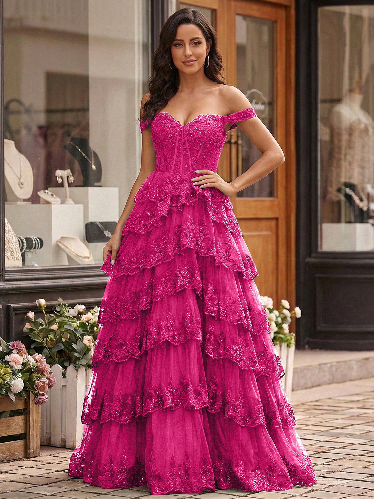 Emerald Green Lace Corset Tiered Ruffle Long Prom Dress with Slit