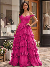 Emerald Green Lace Corset Tiered Ruffle Long Prom Dress with Slit