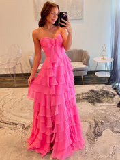 Fuchsia A-Line Sweetheart Chiffon Tiered Long Prom Dress with Slit