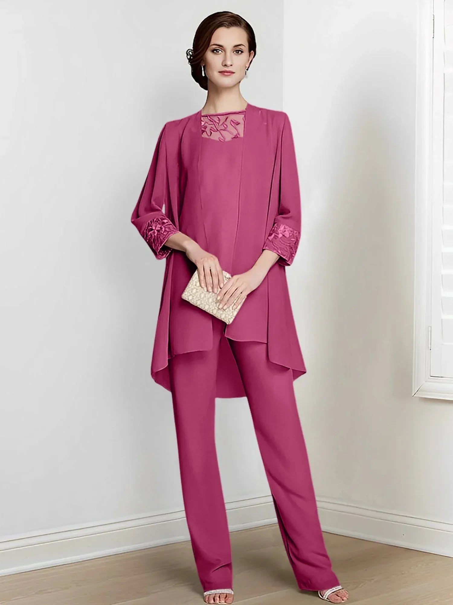 Tailleur-pantalon en mousseline à manches longues pour mère de la mariée avec veste 