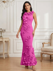 Romantic Pink Sleeveless 3D Floral Mermaid Gown