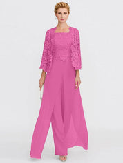 Ensemble 3 pièces en mousseline de soie avec col carré et veste pour mère de la mariée 