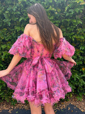 Fuchsia A-Line Off The Shoulder Short Tulle Print Homecoming Dress