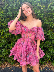 Fuchsia A-Line Off The Shoulder Short Tulle Print Homecoming Dress