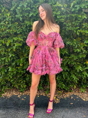 Fuchsia A-Line Off The Shoulder Short Tulle Print Homecoming Dress
