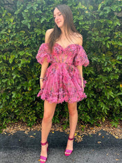 Fuchsia A-Line Off The Shoulder Short Tulle Print Homecoming Dress