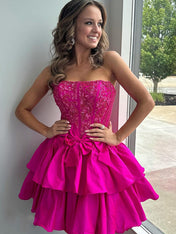 Fuchsia A-Line Strapless Short Satin Homecoming Dress With Beading