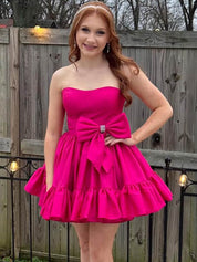 Fuchsia A-Line Strapless Short Satin Homecoming Dress With Bowknot