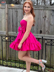 Fuchsia A-Line Strapless Short Satin Homecoming Dress With Bowknot