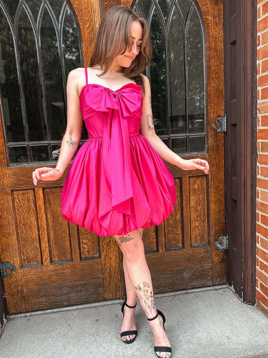 Fuchsia A-line Straps Short Homecoming Bubble Dress with Bow