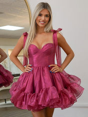 Fuchsia A-line Straps Sweetheart Short Homecoming Dress with Bow