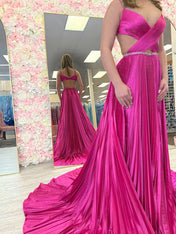 Fuchsia A Line Sequin Strap Pleated Long Prom Dress with Keyhole