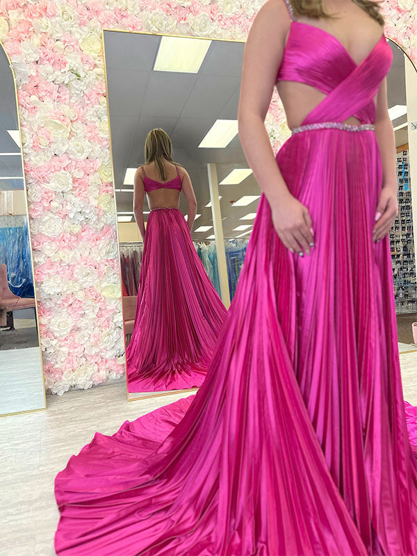 Fuchsia A Line Sequin Strap Pleated Long Prom Dress with Keyhole