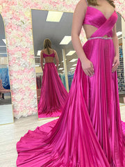 Fuchsia A Line Sequin Strap Pleated Long Prom Dress with Keyhole