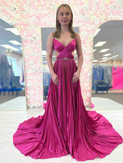 Fuchsia A Line Sequin Strap Pleated Long Prom Dress with Keyhole