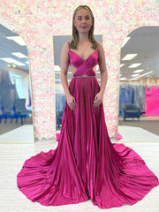 Fuchsia A Line Sequin Strap Pleated Long Prom Dress with Keyhole
